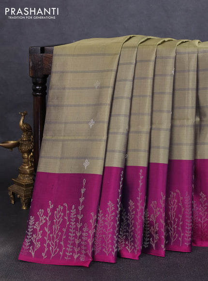 Pure soft silk saree elaichi green and purple with allover stripe pattern & zari buttas and long zari woven border