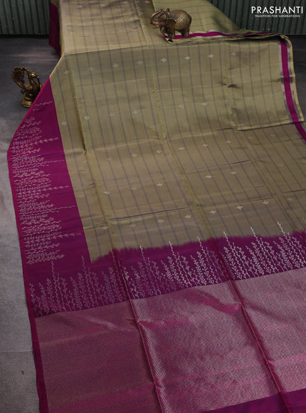 Pure soft silk saree elaichi green and purple with allover stripe pattern & zari buttas and long zari woven border