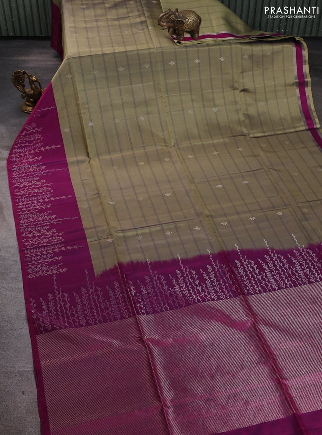 Pure soft silk saree elaichi green and purple with allover stripe pattern & zari buttas and long zari woven border