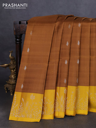 Pure soft silk saree dark mustard and yellow with zari woven buttas and zari woven border