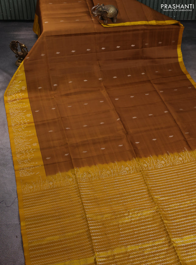 Pure soft silk saree dark mustard and yellow with zari woven buttas and zari woven border