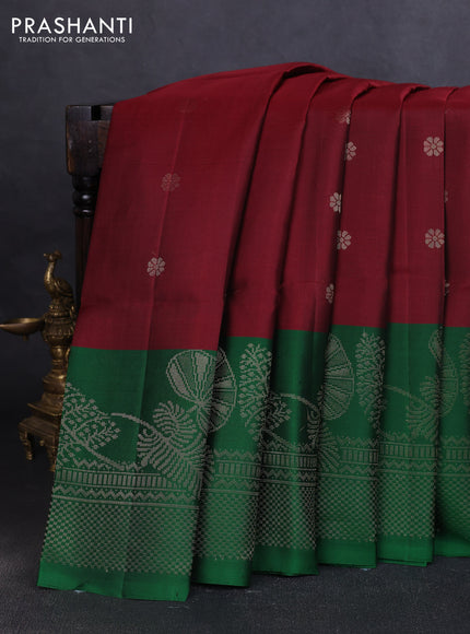 Pure soft silk saree maroon and green with allover zari woven buttas and long zari woven border