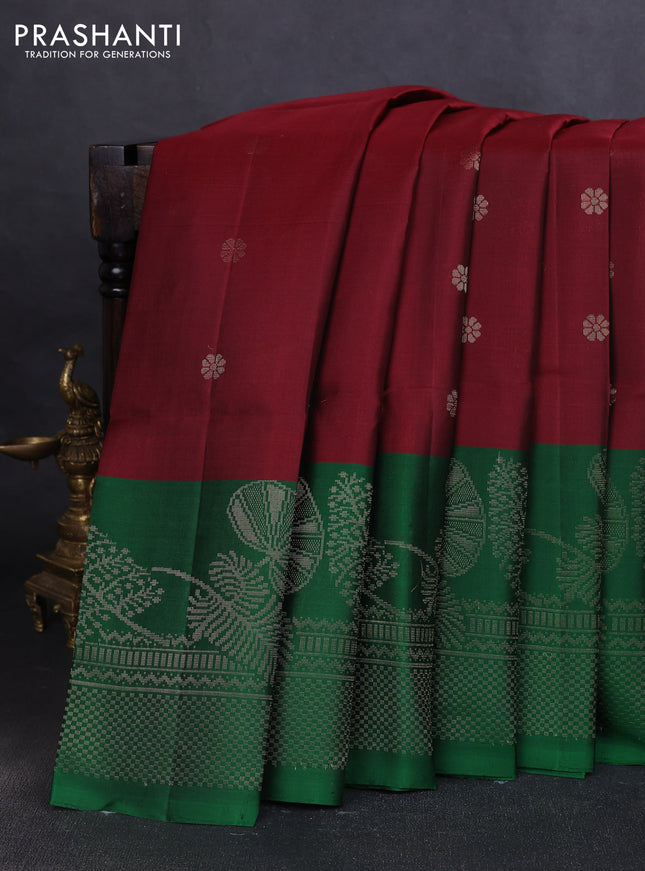 Pure soft silk saree maroon and green with allover zari woven buttas and long zari woven border