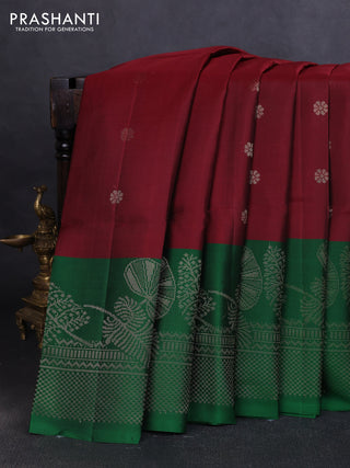Pure soft silk saree maroon and green with allover zari woven buttas and long zari woven border