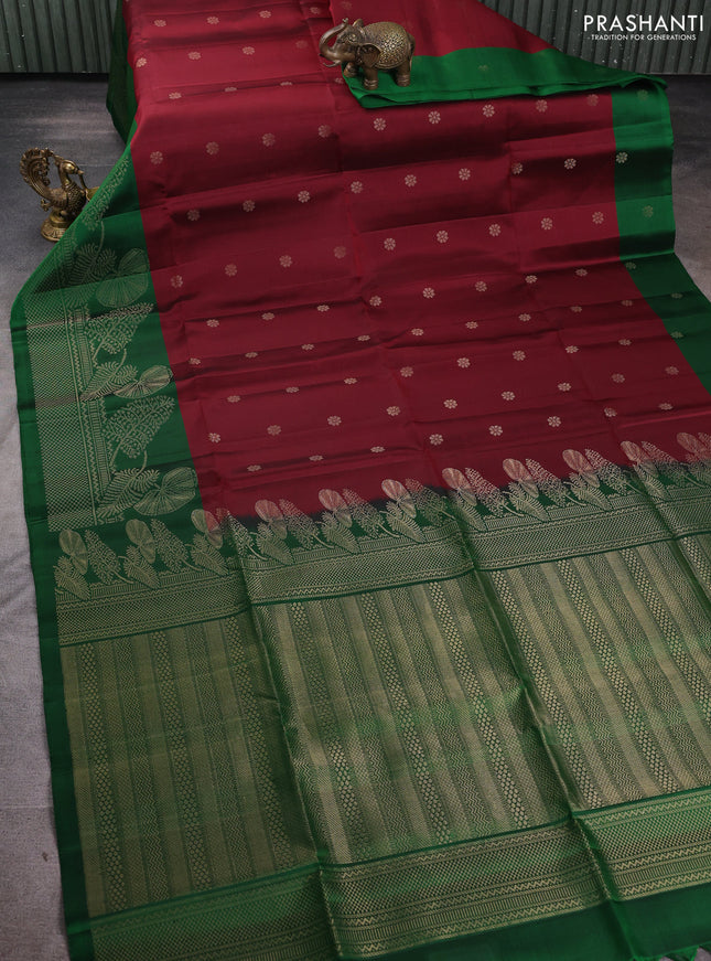 Pure soft silk saree maroon and green with allover zari woven buttas and long zari woven border