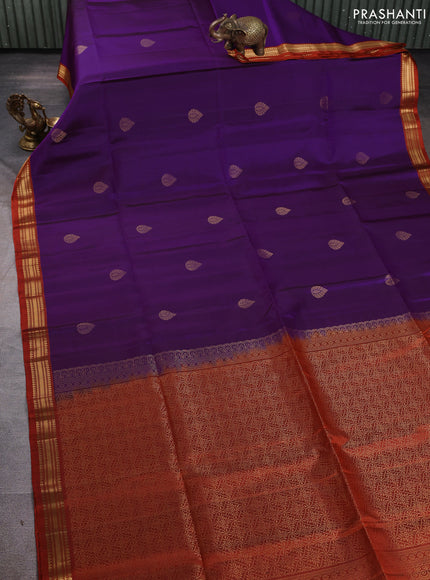 Pure soft silk saree purple and rustic orange with zari woven buttas and zari woven border