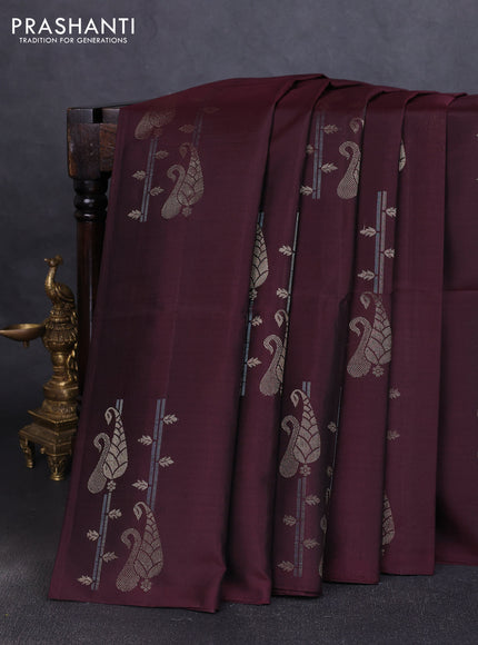 Pure soft silk saree deep maroon with zari woven buttas in borderless style