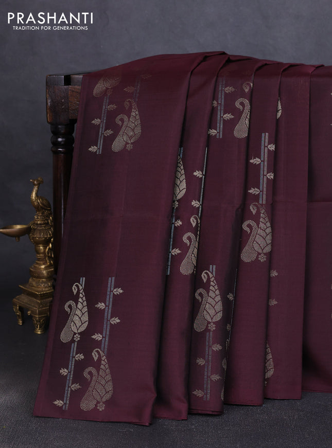 Pure soft silk saree deep maroon with zari woven buttas in borderless style