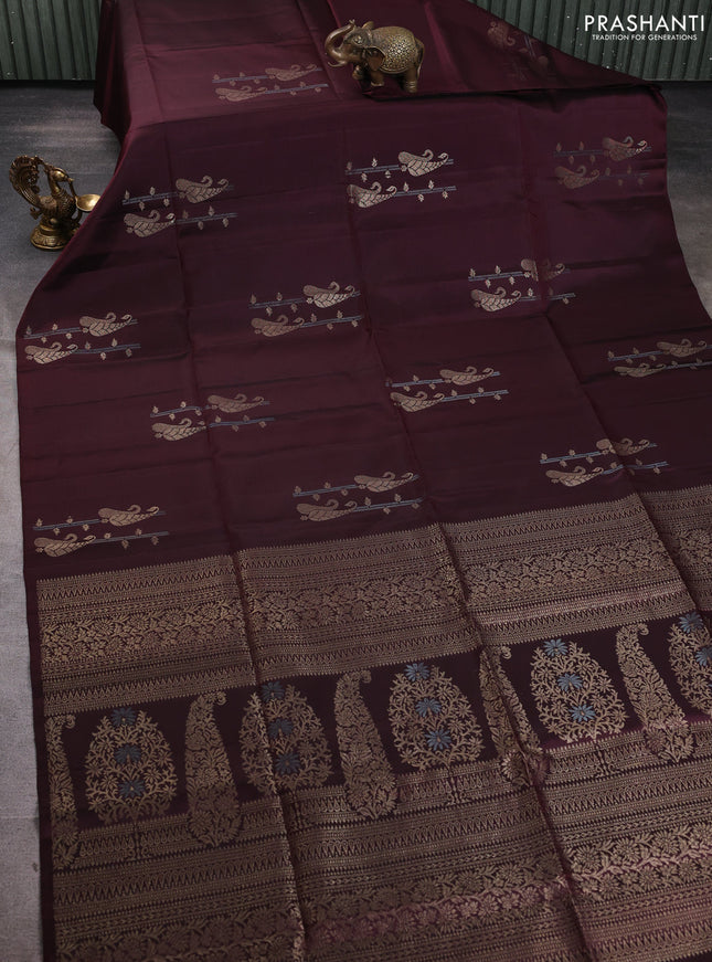 Pure soft silk saree deep maroon with zari woven buttas in borderless style