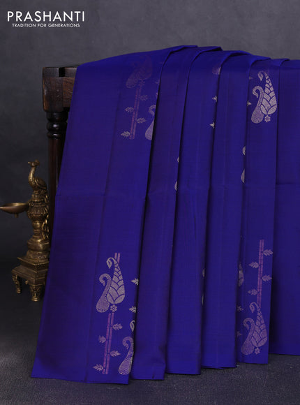 Pure soft silk saree royal blue with zari woven buttas in borderless style