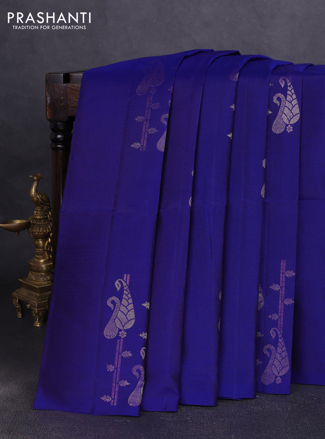 Pure soft silk saree royal blue with zari woven buttas in borderless style