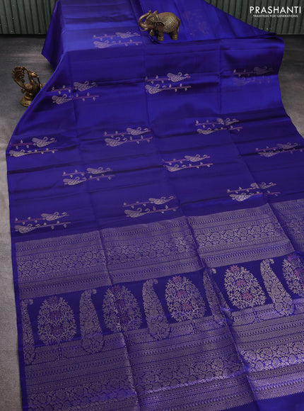 Pure soft silk saree royal blue with zari woven buttas in borderless style