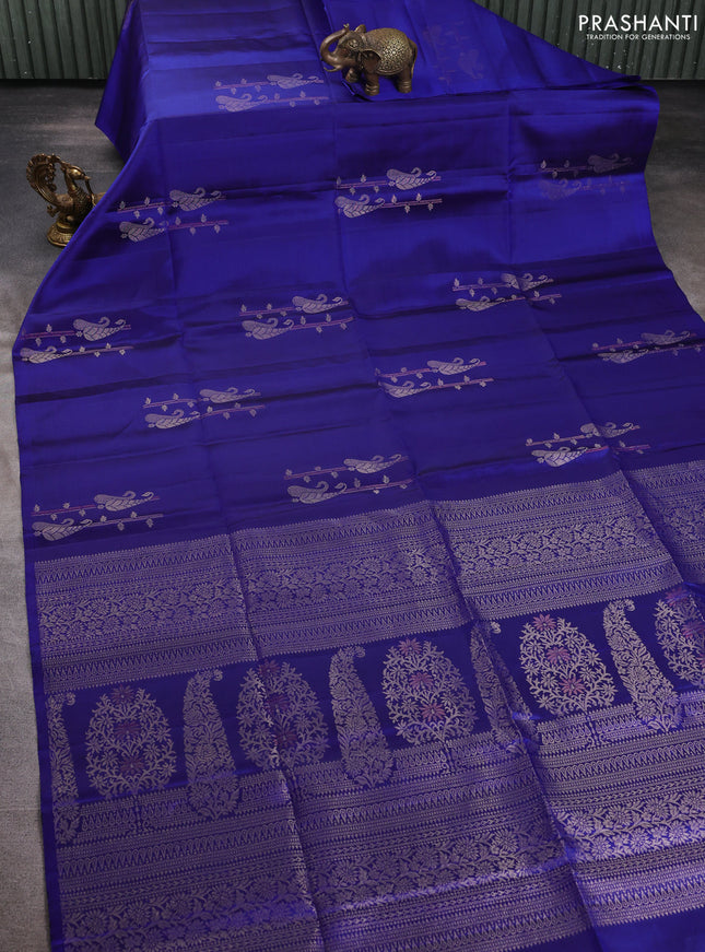 Pure soft silk saree royal blue with zari woven buttas in borderless style