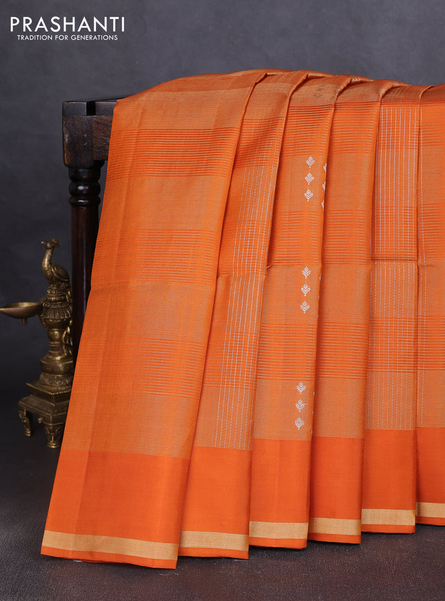 Pure soft silk saree orange with allover zari checks & buttas and simple zari woven border