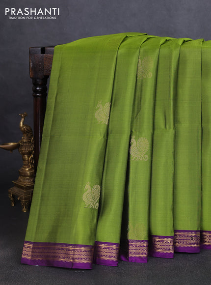 Pure soft silk saree mehendi green and purple with annam zari woven buttas and zari woven border