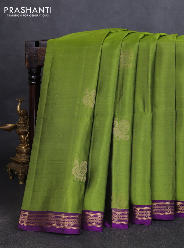 Pure soft silk saree mehendi green and purple with annam zari woven buttas and zari woven border