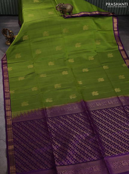 Pure soft silk saree mehendi green and purple with annam zari woven buttas and zari woven border