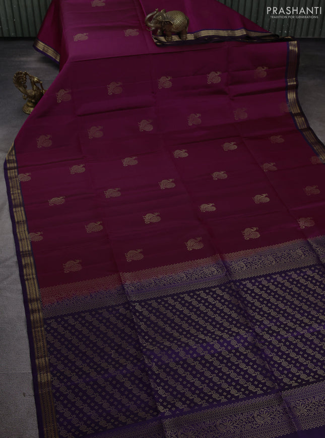 Pure soft silk saree dark magenta pink and violet with annam zari woven buttas and zari woven border
