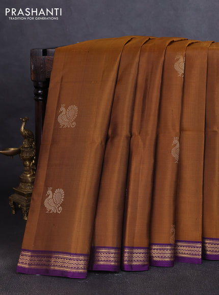 Pure soft silk saree dark mustard and purple with annam zari woven buttas and zari woven border