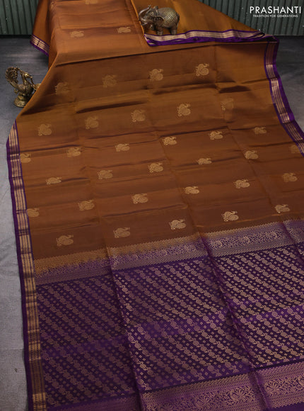 Pure soft silk saree dark mustard and purple with annam zari woven buttas and zari woven border