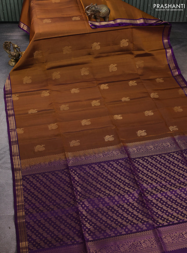 Pure soft silk saree dark mustard and purple with annam zari woven buttas and zari woven border