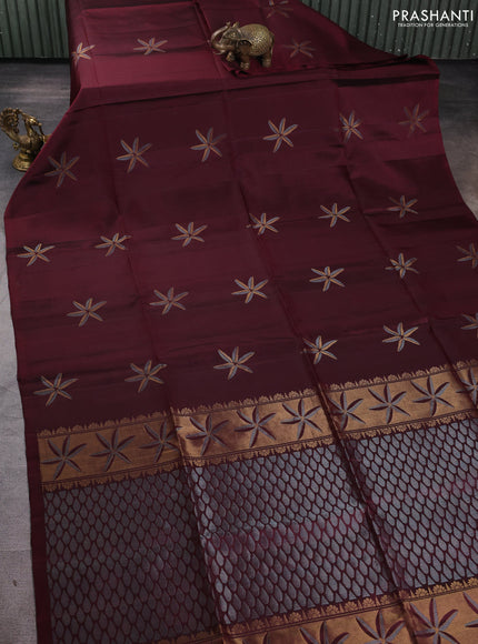 Pure soft silk saree maroon with floral zari woven buttas in borderless style