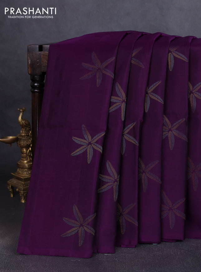 Pure soft silk saree purple with floral zari woven buttas in borderless style