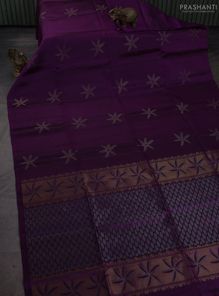 Pure soft silk saree purple with floral zari woven buttas in borderless style