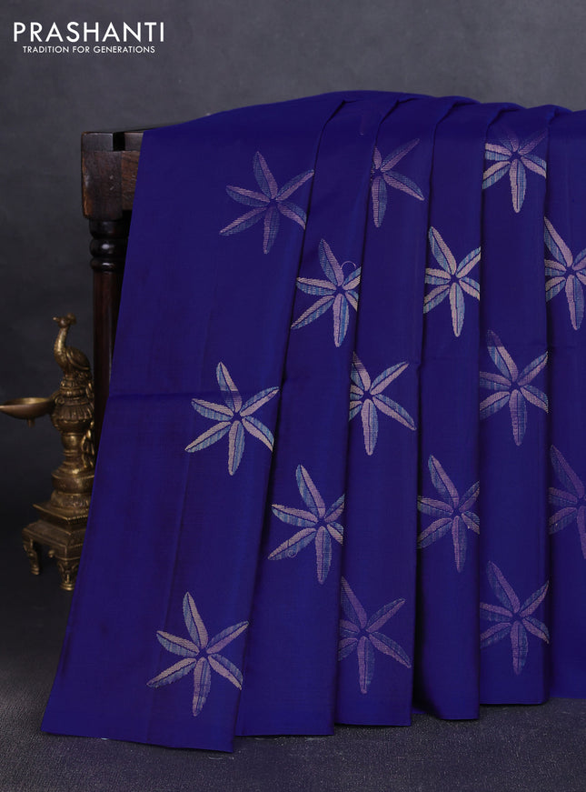 Pure soft silk saree royal blue with floral zari woven buttas in borderless style