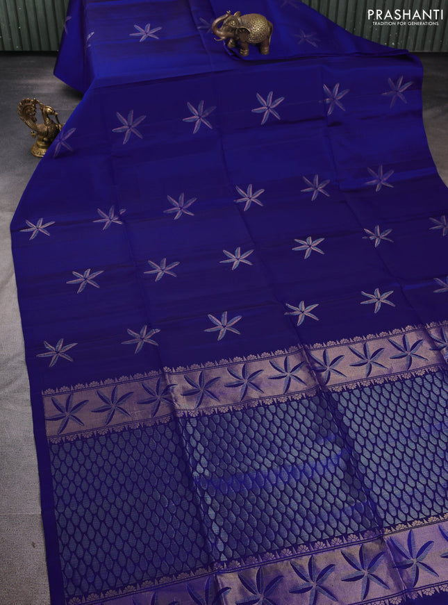Pure soft silk saree royal blue with floral zari woven buttas in borderless style