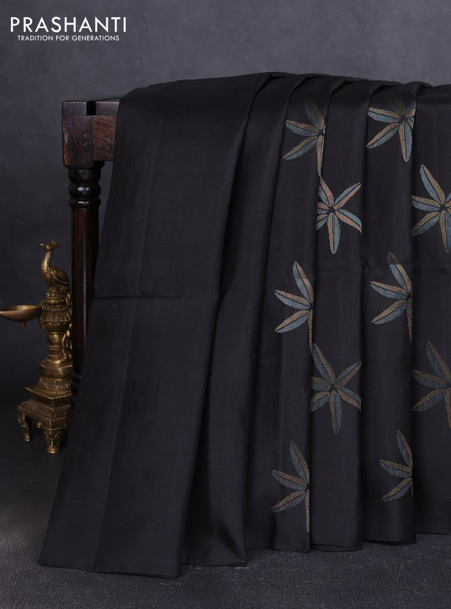 Pure soft silk saree black with floral zari woven buttas in borderless style