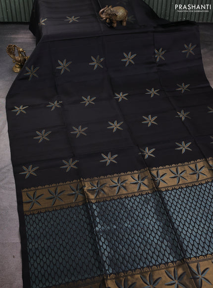 Pure soft silk saree black with floral zari woven buttas in borderless style