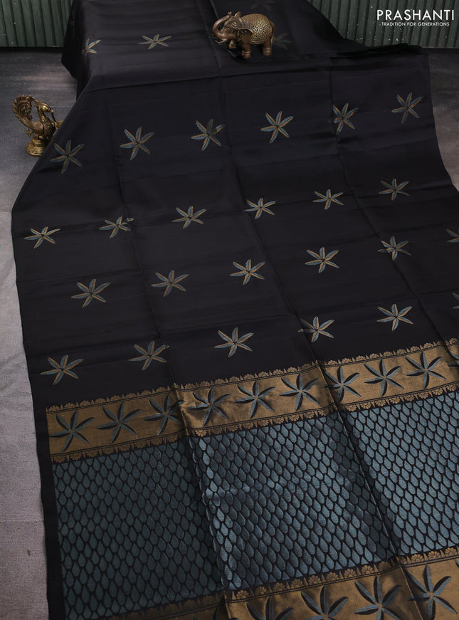 Pure soft silk saree black with floral zari woven buttas in borderless style