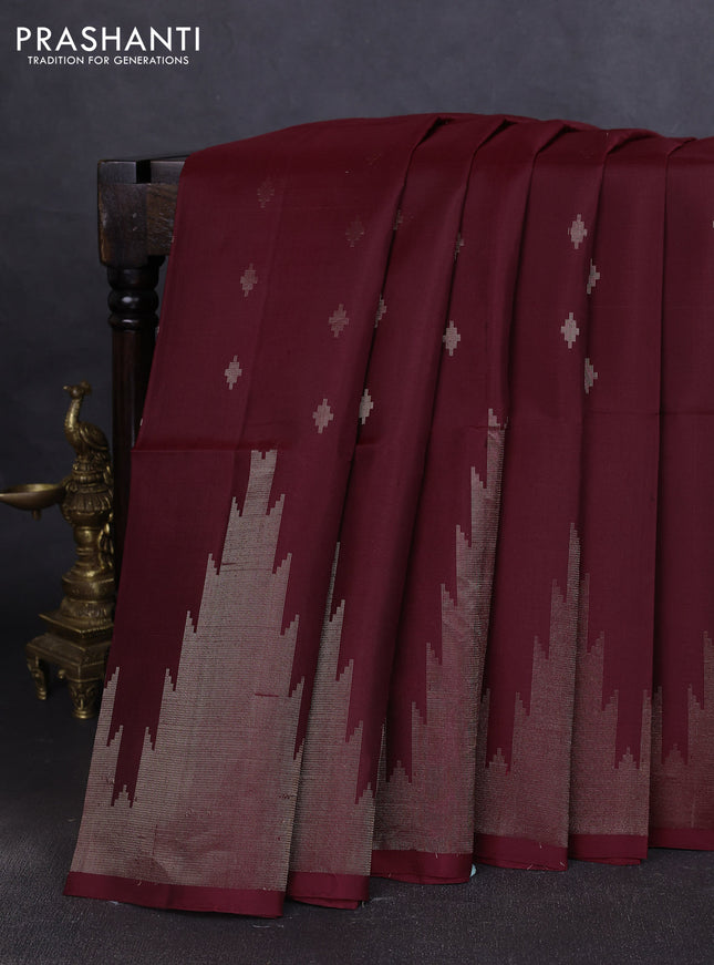 Pure soft silk saree maroon with zari woven geometric buttas and temple zari woven border