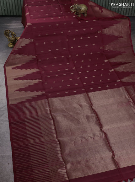 Pure soft silk saree maroon with zari woven geometric buttas and temple zari woven border