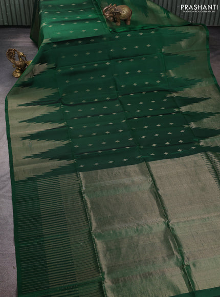 Pure soft silk saree green with zari woven geometric buttas and temple zari woven border
