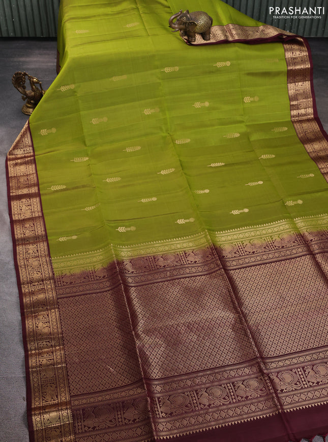 Pure soft silk saree light green and maroon with zari woven buttas and rich zari woven border