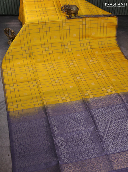 Pure soft silk saree yellow and grey with allover checks & zari buttas and piping border