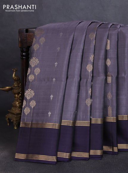 Pure soft silk saree grey and dark blue with silver & silver zari weaves and rettapet zari woven border