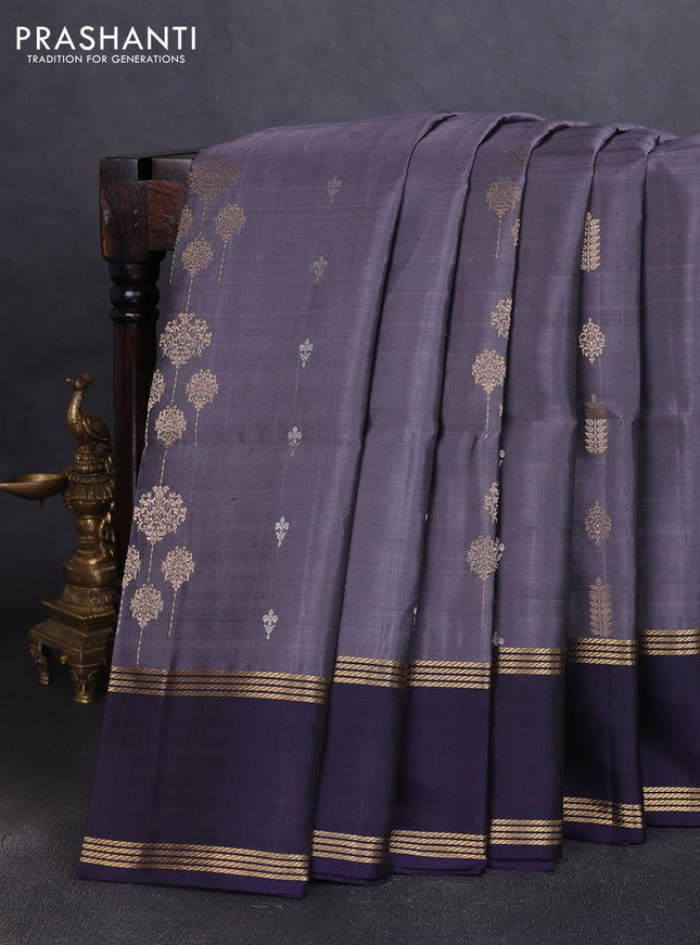 Pure soft silk saree grey and dark blue with silver & silver zari weaves and rettapet zari woven border