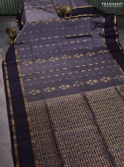 Pure soft silk saree grey and dark blue with silver & silver zari weaves and rettapet zari woven border
