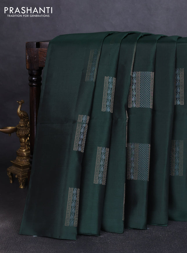 Pure soft silk saree bottle green with box type zari woven buttas in borderless style