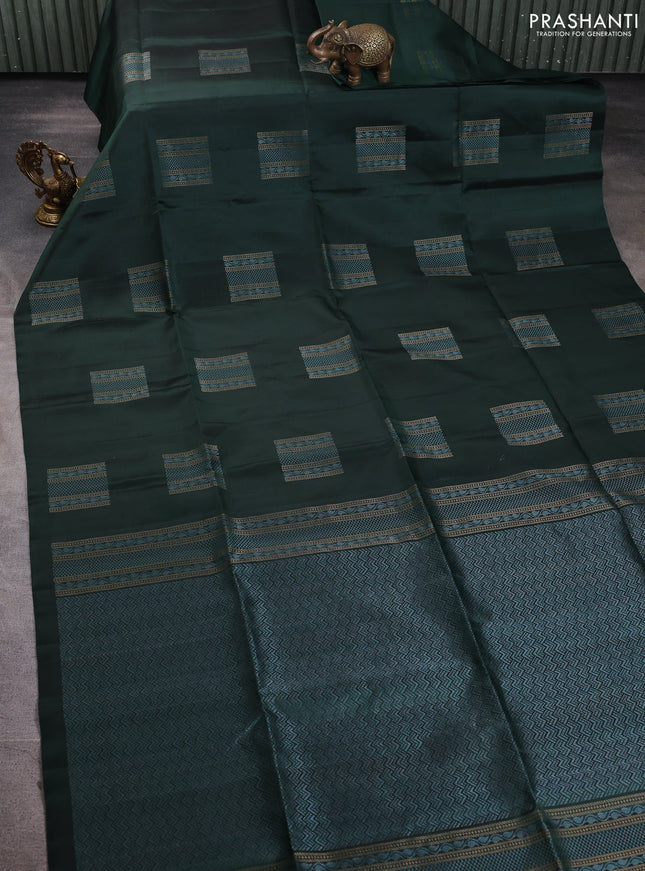 Pure soft silk saree bottle green with box type zari woven buttas in borderless style