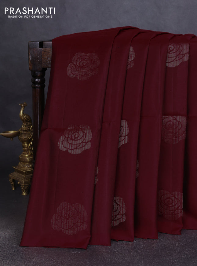 Pure soft silk saree maroon with floral zari woven buttas in borderless style
