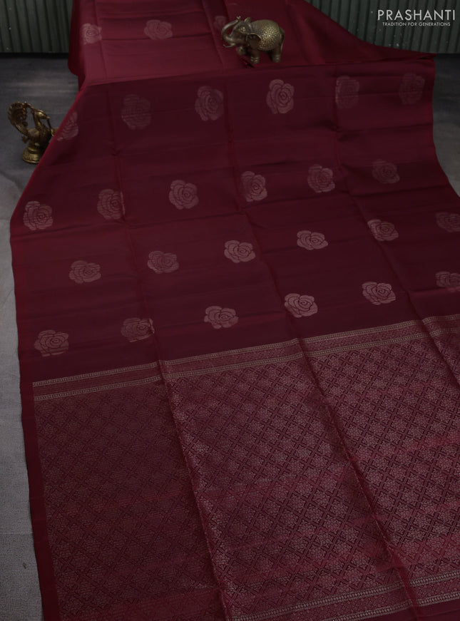 Pure soft silk saree maroon with floral zari woven buttas in borderless style