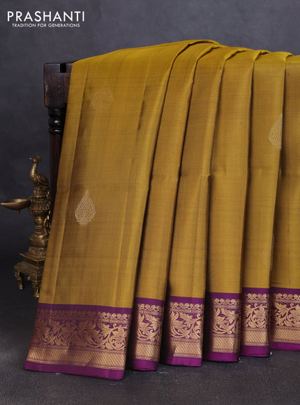 Pure soft silk saree mehendi green and purple with zari woven buttas and rich zari woven border