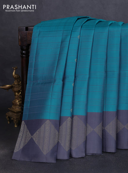 Pure soft silk saree teal blue and grey with allover checks & zari buttas and zari woven border