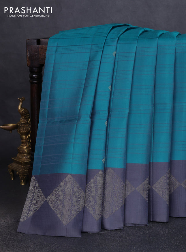 Pure soft silk saree teal blue and grey with allover checks & zari buttas and zari woven border