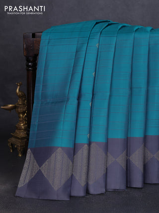 Pure soft silk saree teal blue and grey with allover checks & zari buttas and zari woven border