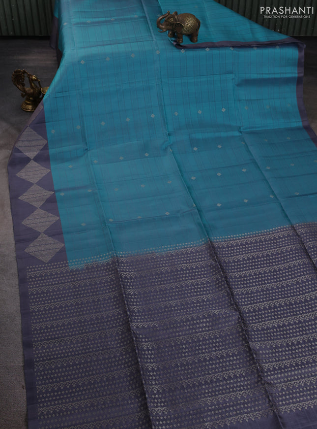 Pure soft silk saree teal blue and grey with allover checks & zari buttas and zari woven border